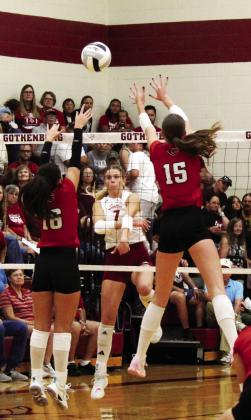 GHS senior Grace Evert (#7) slams the ball over the Cozad defenders’ hands for a kill in the opening match of the 2026 season on Thursday, Aug. 27. (Leader photos by Ellen Mortensen)