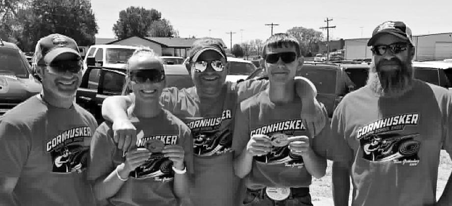Gothenburg Trap’s top seniors, Dakota Warner and Lane Hinrichsen, both earned a 25-straight patch in their rounds at the Cornhusker Trapshoot last week, wrapping up their season on a high note. L-R: Coach Caleb Warner, Dakota Warner, Coach Adam Warner, Lane Hinrichsen, Coach Wade Viter. (Photos courtesy of Gothenburg Trap)