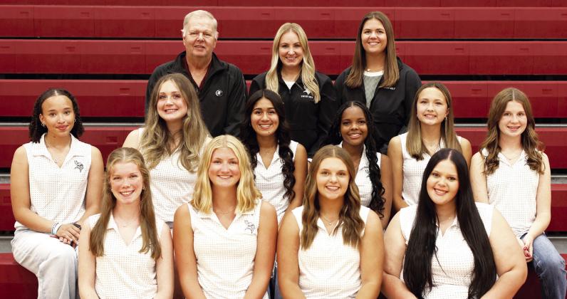 Members of the 2026 Swede girls’ golf team are, front row, from left: Amelia Haas, Kiarra Jonas, Adyson Stevens, and Harmony Land; Row two: Ashlyn Hoffman, Kya Roth, Alexavia Mendez, Allerah Brown, Lily Sics, and Johanna Haas; Back row: Assistant Coach Gregg Anderson, Head Coach Tara Foster, Assistant Coach Jacy Ostergard. Kiarra Jonas is this year’s only senior. (Photos courtesy Rebecca Jacobsen)