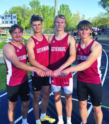 The Gothenburg men’s 4x400 relay team broke the school record in that event on their way to winning district gold last week and qualifying for the Nebraska State Track &amp;amp; Field Championships. Members of the team are, from left: Maddox Gilligan, Evan Johnson, Bryson Neels, and Callen Johnson. (Photo courtesy Bryson Neels)