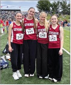 Members of the GHS girls’ 3200 relay team are, from left: Kinley Foster, Adalyn Carlson, Brooklyn Reiman, and Jenna Anderson. All but Foster, a freshman, are sophomores. (Photo courtesy Tara Foster)