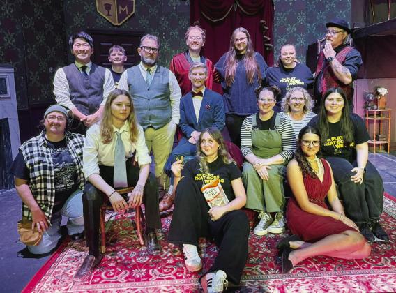 The full cast and crew of “The Play That Goes Wrong” are, front row, from left: Tinna Therrien, Braelynn Anderson, Kya Roth, and Kennedy Tucker; Row two: Ryan Johnson, Jesse Kincheloe, Carter Kincheloe, Erin Beavers, Kim Graff, and Selena Bloos; Back row: Grady Therrien, Michael May, Chloe Daharsh, Becky Vang, and Director Kevin Savoie. (Courtesy photo)