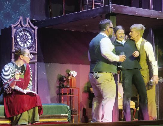 From left: Erin Beavers as stage manager Annie playing Florence Colleymoore fill-in; Jesse Kincheloe as Robert Grove playing Thomas Colleymoore; Braelynn Anderson as Dennis Tyde playing Perkins; and Carter Kincheloe as Chris Bean playing Inspector Carter. (Leader photos by Ellen Mortensen)