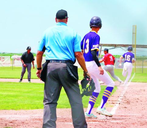 LEFT: Jaxon Earll focuses on the batter as he takes the mound against Broken Bow last Friday in game one of the B-6 Area Tournament in Minden. The Melons easily won the game. BELOW: Brigham Ricley (#16) jets down the first base line while his hit brought William McVay (#13) home.