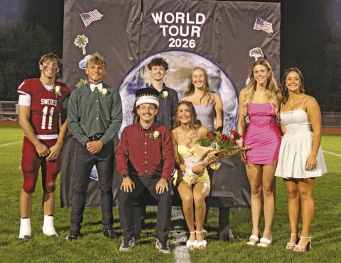 The 2026 Homecoming Royalty for Gothenburg High School are: seated, King Blake Rickertsen and Queen Aubrey Cross; back row, from left, Braden Ehlers, Tyler Hetz, 2025 King Tunney Grigg, 2025 Queen Kaitlyn Hecox, Grace Evert, and Aliyah Carlson. (Leader photo by Ellen Mortensen)