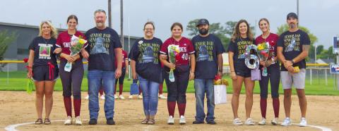 The senior Swede softball players and their parents were recognized on Sept. 15. Pictured from left are: Taye Herrick with parents Arlie Maurer and John Herrick; Skylar Garza and her parents David and Ashley Garza; and Aubrey Cross with her parents Jessica and Henry Cross. (Leader photos by Megan Aden)