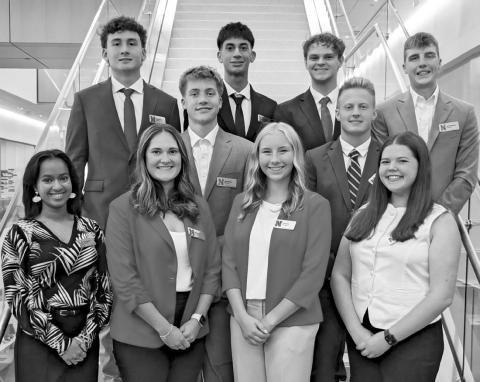 The 2026-27 Kiewit Scholars at UNL’s College of Engineering are, front row, from left: Adrija Sudheesh, Grace Watson, Lydia Beran and Lucy Coke; Row two: Tyler Andringa and Caleb Haecker; Back row: Miguel Espinosa, Martin Avalos Magana, Jack Aden and Isaak Meysenburg. (Photo Courtesy Jon Humiston)
