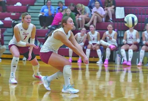 Ellaray Koch focuses on digging the ball for the Lady Swedes. Last week Koch had 13 digs and 5 kills against Ogallala, and 13 kills against McCook. (Leader photos by Charity Wyatt)