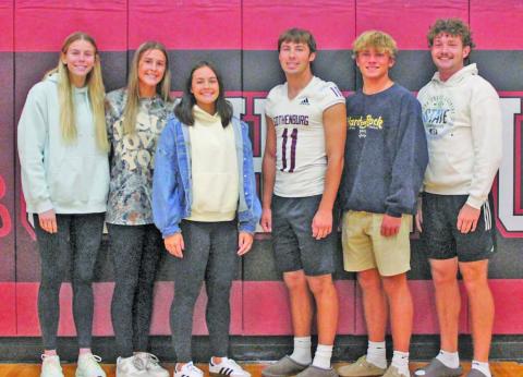 Candidates for the 2026 Gothenburg High School Homecoming King and Queen are, from left: Grace Evert, Aubrey Cross, Aliyah Carlson, Braden Ehlers, Tyler Hetz, and Blake Rickertsen. Royalty will be crowned at the conclusion of Friday night’s football game. (Leader photo by Briony Aden)