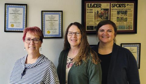 Staff of the Gothenburg Leader are, from left, Ellen Mortensen – editor, Loleta Connell – advertising specialist, and Kelly Aden – business manager. Not pictured: Alisa Mullen – writer. Syndicate Publishing is owned by Colten Venteicher and John Bell. (Leader photo)