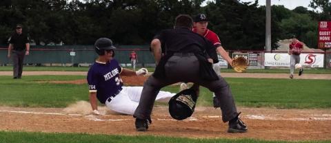 Andrew Salomon slides into home plate as the Gothenburg Melons went on to defeat Broken Bow on the road on June 1. (Photo courtesy Kim Johnson)