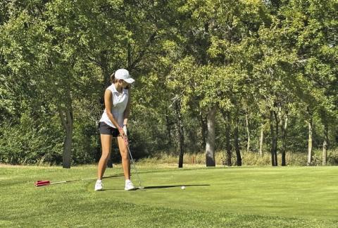 Lily Sics watches the ball as she shoots a putt during the district golf meet in Lexington on Oct. 5. (Photos courtesy Tara Foster)