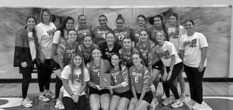 The Brady volleyball team celebrates its tournament championship Sept. 26 after going 3-0 without dropping a set. The Eagles defeated Sandhills Valley, Twin Loup and Hi-Line to take first place. (Photo courtesy of Julie Correll)