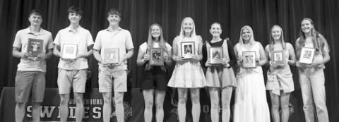 ABOVE: The 2025-26 12-sport athletes are, from left: Boone Tederman, Landon Mroczek, Axel Jorgenson, Ellie Wyatt, Halsey Thomalla, Rileigh McClay, Peyton Hilbers, Kaitlyn Hecox, and Lindly Anderson. RIGHT: The 2026 Outstanding Athletes are Landon Mroczek and Halsey Thomalla. Not pictured Evan Johnson (Photos courtesy Marc Mroczek)
