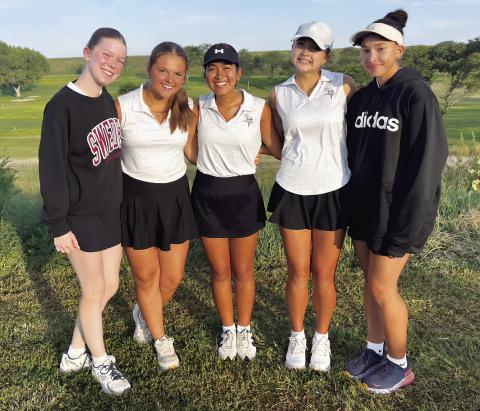 All five members of the Gothenburg varsity girls’ golf team shot their best rounds of the season in Lexington last week. From left are: Amelia Haas, Adyson Stevens, Alexavia Mendez, Lily Sics, and Ashlyn Hoffman. (Photo courtesy GPS)