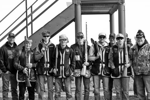 The Midwest Clay Crushers senior trap team finished off their first season with a good weekend at the state tournament in Doniphan. From left are: Coach Jeremy Maurer, Keith Braasch, Roman Scott, Jacob Hughes, Calven Chestnutt, Treyton Hillius, Coach Matt McFadden, Owen Braun, and Coach Roger Sears. (Photo courtesy Ann Scott)