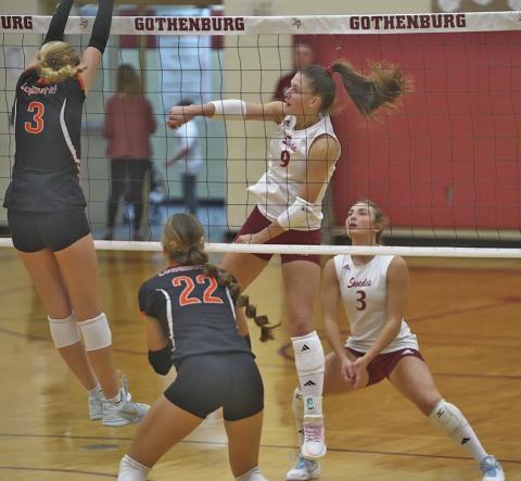 Senior Shayne Kinnan (#9) came off the bench for the Swedes to get 3 kills against Chase County last week.