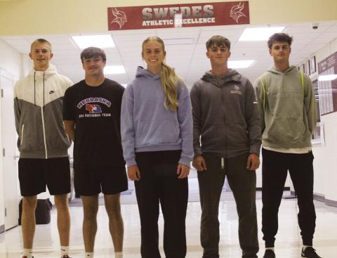A number of school track and field records fell this year at GHS. New records were set by, from left: Bryson Neels – 400m, 800m, 4x400m relay; Maddox Gilligan – 4x400m relay; Lily Fritton – tied record in high jump; Callen Johnson – 4x400 relay; Evan Johnson – 4x400 relay. (Leader photo by Ellen Mortensen)