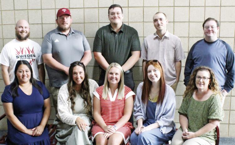 New teachers joining the staff at Gothenburg Public Schools for the 2026-27 school year are, seated, from left: Brianda Powers, Karissa Blecha, Chesney Bartlett, Abby Klemmensen, and Sarah Anderson; Back row: Riley Freeland, Patrick Mattfeld, Gray Gruber, Aidan Zaro, and elementary art student teacher Reese Girdner, a student from UNK. (Leader photo by Ellen Mortensen)