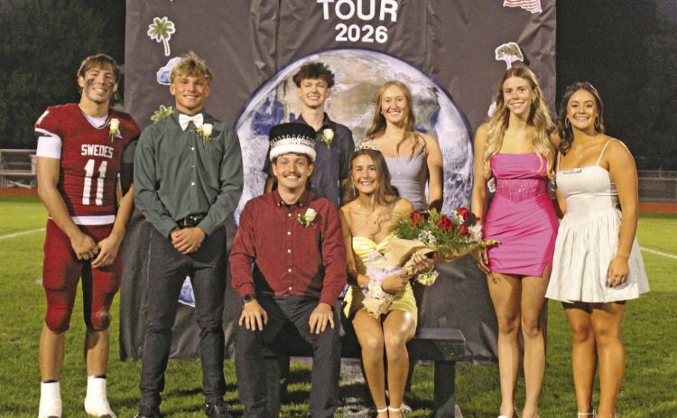 The 2026 Homecoming Royalty for Gothenburg High School are: seated, King Blake Rickertsen and Queen Aubrey Cross; back row, from left, Braden Ehlers, Tyler Hetz, 2025 King Tunney Grigg, 2025 Queen Kaitlyn Hecox, Grace Evert, and Aliyah Carlson. (Leader photo by Ellen Mortensen)