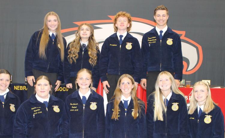 The Brady FFA chapter elected their new officers for the 2026-27 school year at their first annual achievement banquet on April 30. Front row, from left: Kaitlyn Loostrum, Reanna Davis, Zoe Johnson, Carlee Tillman, Ava Foster, Ella Warren. Back row: Hope Correll, Lillyan Sheets, Andrew Robison, Samual Winter. (Courtesy photo)