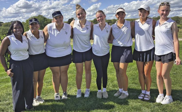 Varsity and JV golfers representing GHS at the Dawson County Invite last week were, from left: Kyla Roth, Alexavia Mendez, Harmony Land, Lily Sics, Amelia Haas, Ashlyn Hoffman, Allerah Brown, and Johanna Haas. (Photos courtesy Tara Foster)
