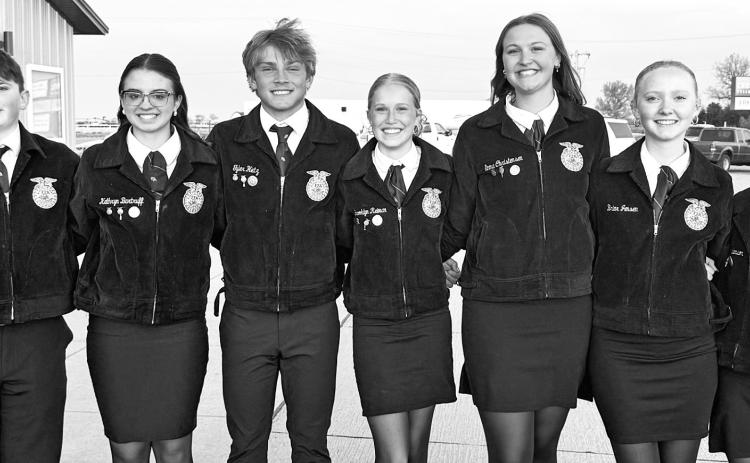 The Gothenburg High School FFA Chapter Officer Team for 2026-27 are, from left: Grady Therrien, Kathryn Bartruff, Tyler Hetz, Brooklyn Reiman, Emma Christensen, Briar Jensen, and Jenna Anderson.