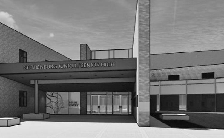 The main entrance to the Gothenburg junior high/senior high building will look different by the start of the 2027-28 school year, and will be much more secure. The nearly $2 million project is set to begin construction in late December. (Courtesy GPS)