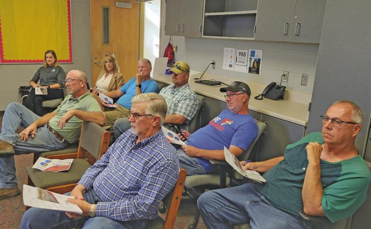 A handful of district patrons, particularly ag land owners, took advantage of an opportunity to ask questions and hear information pertaining to the Gothenburg Public Schools proposed budget during a Q&amp;A session on Sept. 14. (Leader photo by Ellen Mortensen)