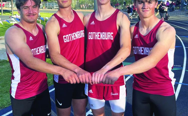 The Gothenburg men’s 4x400 relay team broke the school record in that event on their way to winning district gold last week and qualifying for the Nebraska State Track &amp; Field Championships. Members of the team are, from left: Maddox Gilligan, Evan Johnson, Bryson Neels, and Callen Johnson. (Photo courtesy Bryson Neels)
