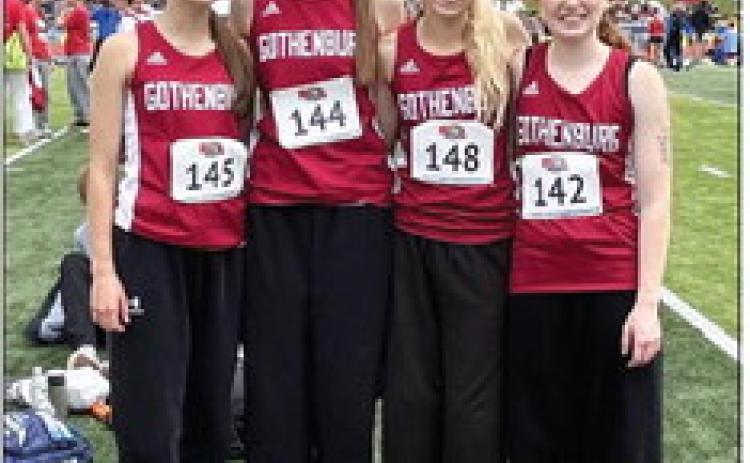 Members of the GHS girls’ 3200 relay team are, from left: Kinley Foster, Adalyn Carlson, Brooklyn Reiman, and Jenna Anderson. All but Foster, a freshman, are sophomores. (Photo courtesy Tara Foster)