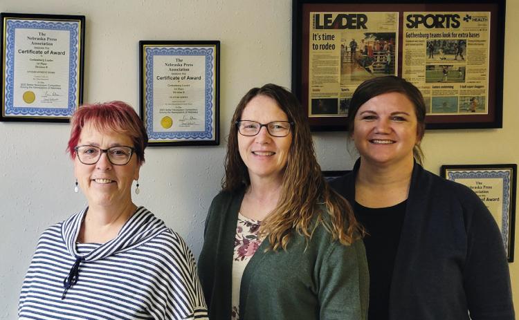 Staff of the Gothenburg Leader are, from left, Ellen Mortensen – editor, Loleta Connell – advertising specialist, and Kelly Aden – business manager. Not pictured: Alisa Mullen – writer. Syndicate Publishing is owned by Colten Venteicher and John Bell. (Leader photo)