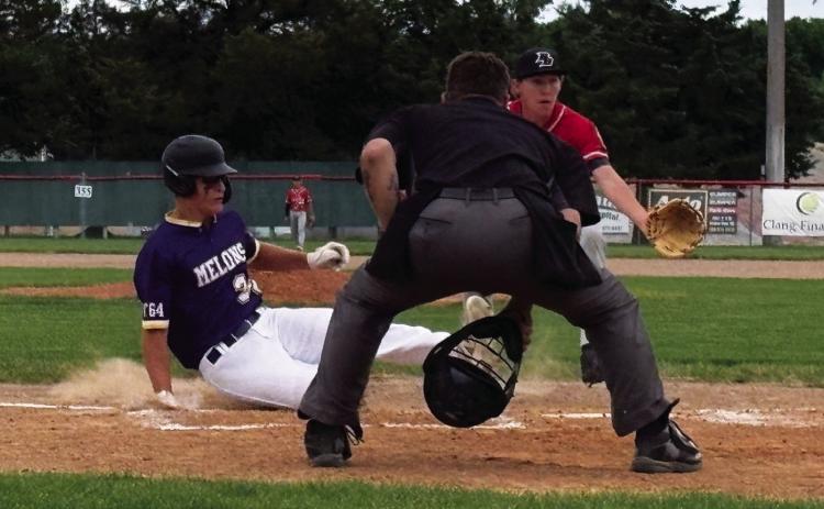 Andrew Salomon slides into home plate as the Gothenburg Melons went on to defeat Broken Bow on the road on June 1. (Photo courtesy Kim Johnson)