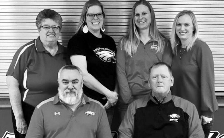 The Brady School Board approved a bid for repurposing the old library rooms this month as school wraps up for the summer. Board members are, front row from left: President Ryan Stearns, Bryan Franzen; back row: Marge Spencer, Tina Golter, Sara Gentry, Nicole Miller. (Photo courtesy BPS)