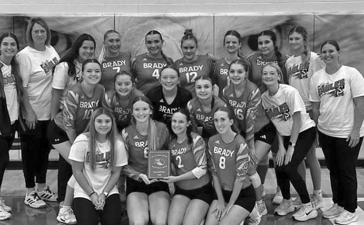 The Brady volleyball team celebrates its tournament championship Sept. 26 after going 3-0 without dropping a set. The Eagles defeated Sandhills Valley, Twin Loup and Hi-Line to take first place. (Photo courtesy of Julie Correll)