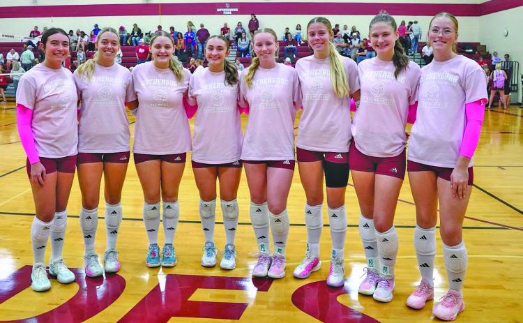 Eight seniors were honored during senior/parents night at the Gothenburg v Lexington volleyball game on Oct. 12. The seniors, from left, are: Addy Evert, Zoe Beveridge, Greenlee Jeffries, Ellaray Koch, Greer Tiller, Grace Evert, Shayne Kinnan, and Jayda Frederick. (Leader photo by Charity Wyatt)