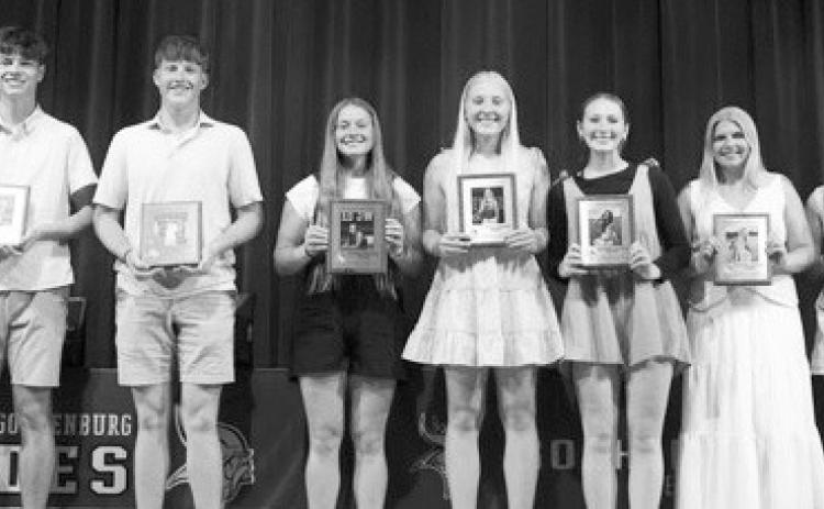ABOVE: The 2025-26 12-sport athletes are, from left: Boone Tederman, Landon Mroczek, Axel Jorgenson, Ellie Wyatt, Halsey Thomalla, Rileigh McClay, Peyton Hilbers, Kaitlyn Hecox, and Lindly Anderson. RIGHT: The 2026 Outstanding Athletes are Landon Mroczek and Halsey Thomalla. Not pictured Evan Johnson (Photos courtesy Marc Mroczek)
