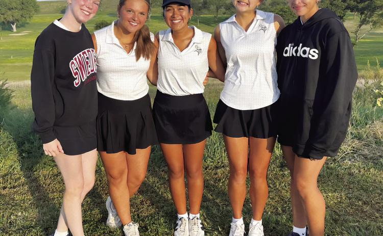 All five members of the Gothenburg varsity girls’ golf team shot their best rounds of the season in Lexington last week. From left are: Amelia Haas, Adyson Stevens, Alexavia Mendez, Lily Sics, and Ashlyn Hoffman. (Photo courtesy GPS)