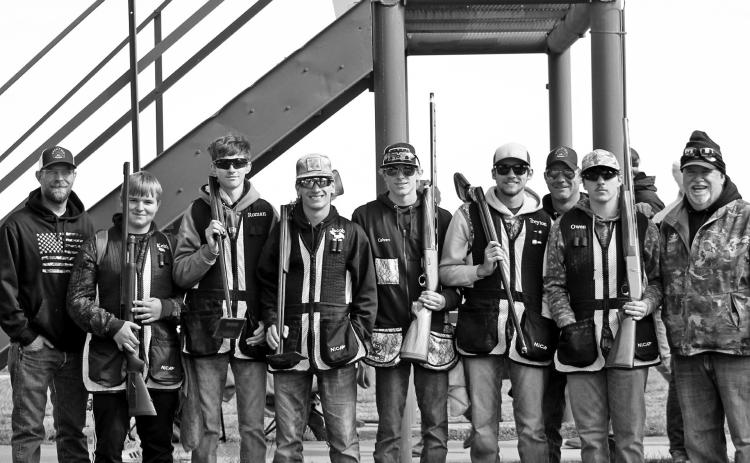 The Midwest Clay Crushers senior trap team finished off their first season with a good weekend at the state tournament in Doniphan. From left are: Coach Jeremy Maurer, Keith Braasch, Roman Scott, Jacob Hughes, Calven Chestnutt, Treyton Hillius, Coach Matt McFadden, Owen Braun, and Coach Roger Sears. (Photo courtesy Ann Scott)