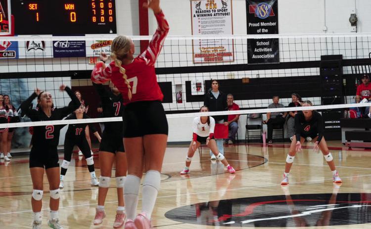 Brady’s Kenlee Fattig goes on the attack during the Eagles’ season opener against Anselmo-Merna on Aug. 27. Brady pushed the Coyotes to five sets before falling 3-2. (Photo courtesy Brady Public School)